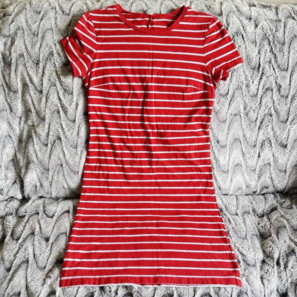 Old Navy Orange White Striped Stretch T-Shirt Dress L Short Sleeve Crew Neck B44